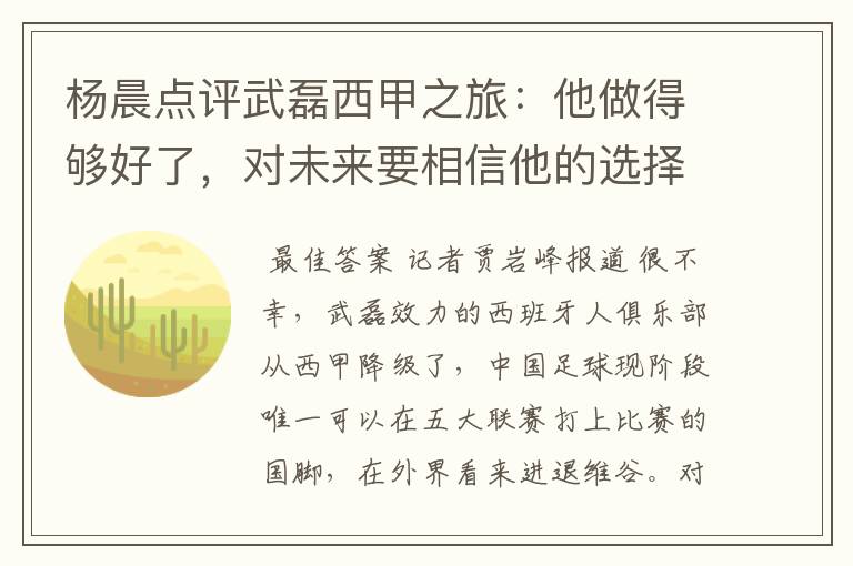 杨晨点评武磊西甲之旅:他做得够好了,对未来要相信他的选择