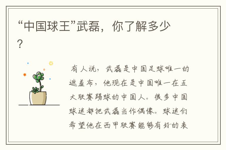 “中国球王”武磊,你了解多少?
