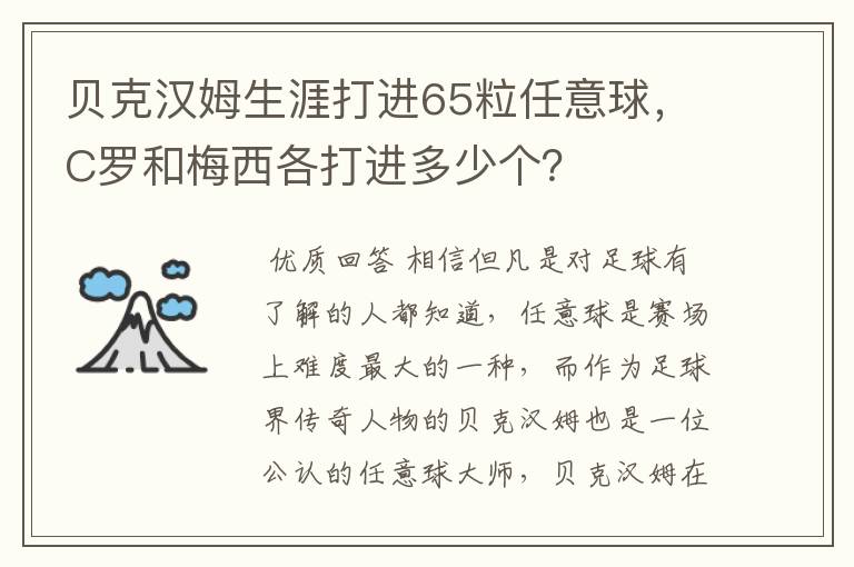 贝克汉姆生涯打进65粒任意球,C罗和梅西各打进多少个?