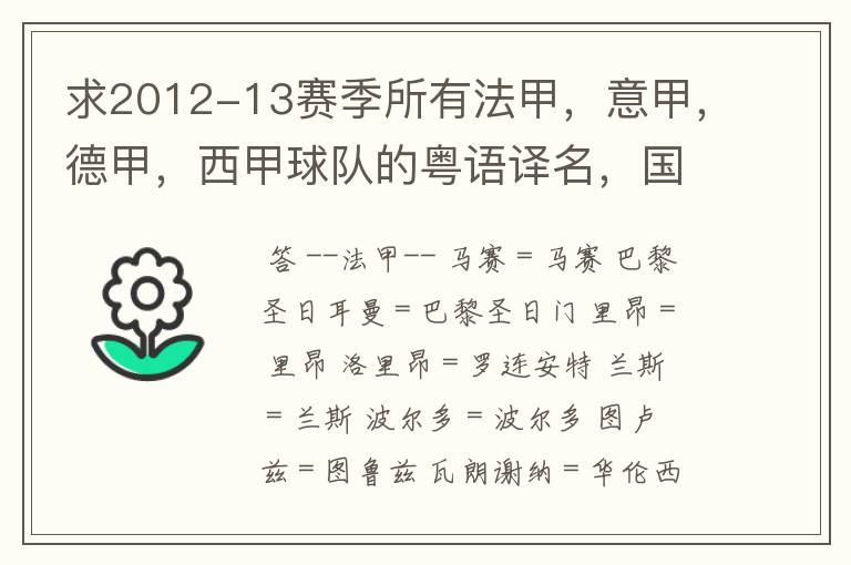 求2012-13赛季所有法甲,意甲,德甲,西甲球队的粤语译名,国粤对照。