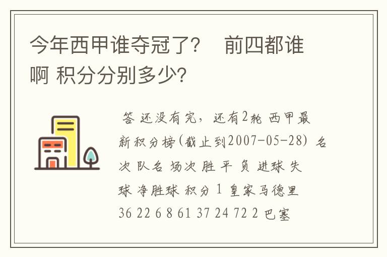 今年西甲谁夺冠了? 前四都谁啊 积分分别多少?