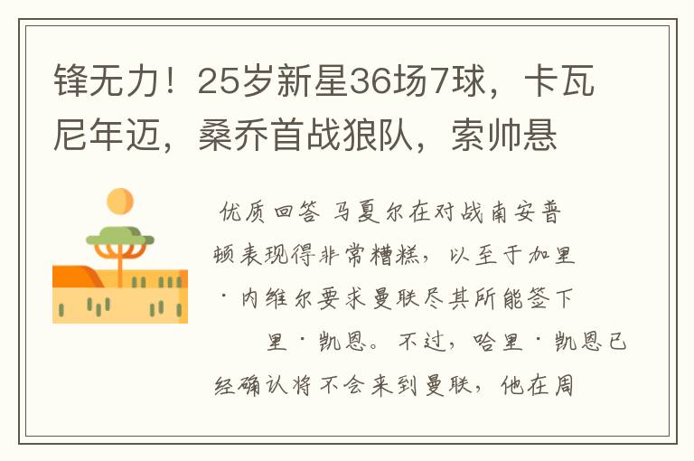 锋无力!25岁新星36场7球,卡瓦尼年迈,桑乔首战狼队,索帅悬了