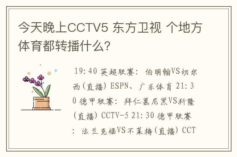 今天晚上CCTV5 东方卫视 个地方体育都转播什么?