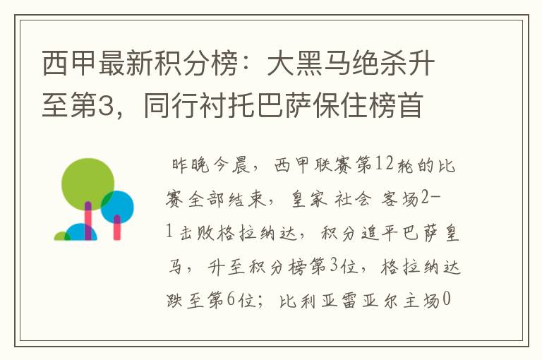 西甲最新积分榜:大黑马绝杀升至第3,同行衬托巴萨保住榜首