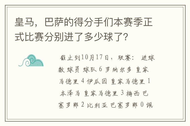 皇马,巴萨的得分手们本赛季正式比赛分别进了多少球了?