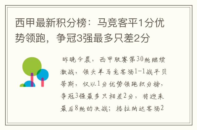西甲最新积分榜:马竞客平1分优势领跑,争冠3强最多只差2分