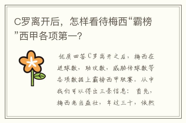 C罗离开后,怎样看待梅西“霸榜”西甲各项第一?