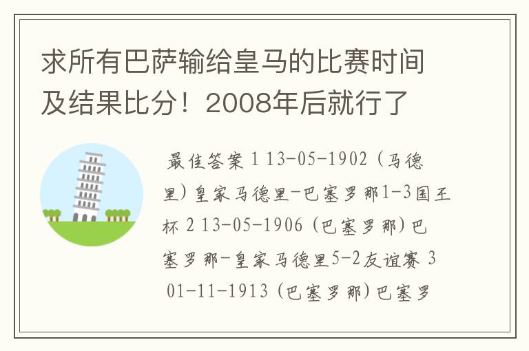 求所有巴萨输给皇马的比赛时间及结果比分!2008年后就行了