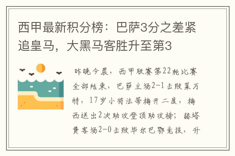 西甲最新积分榜:巴萨3分之差紧追皇马,大黑马客胜升至第3