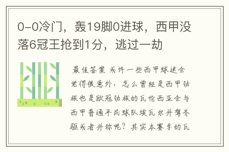 0-0冷门,轰19脚0进球,西甲没落6冠王抢到1分,逃过一劫