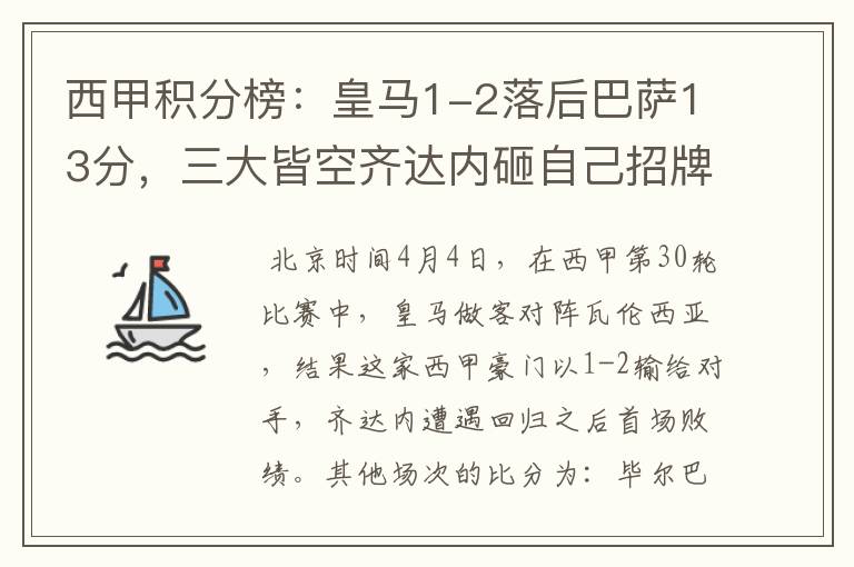 西甲积分榜:皇马1-2落后巴萨13分,三大皆空齐达内砸自己招牌?