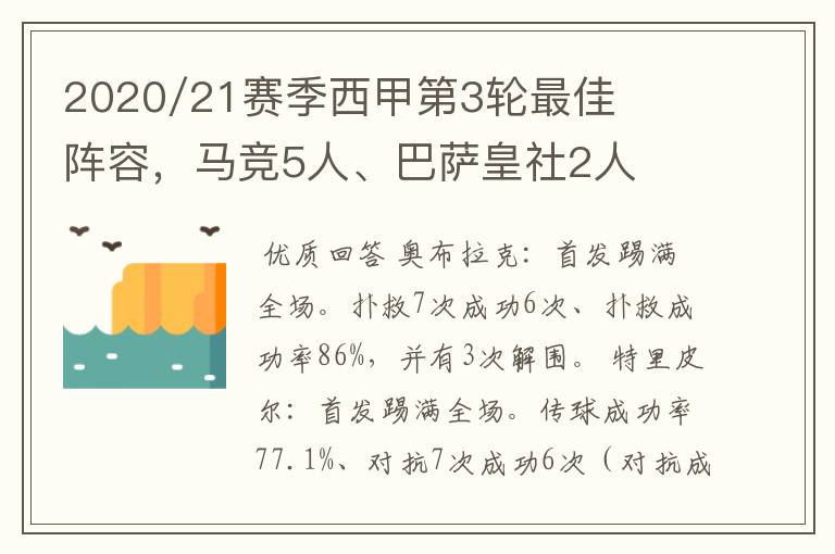 2020/21赛季西甲第3轮最佳阵容,马竞5人、巴萨皇社2人