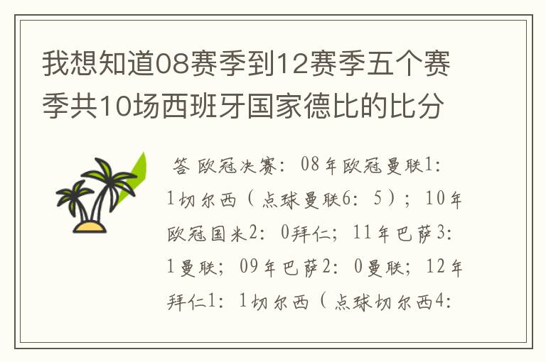 我想知道08赛季到12赛季五个赛季共10场西班牙国家德比的比分,每场的比分 还有这五个赛季欧冠决赛的.