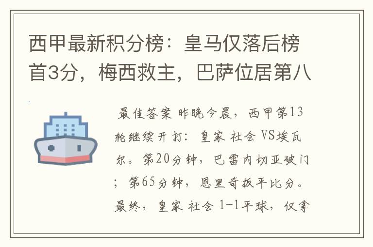 西甲最新积分榜:皇马仅落后榜首3分,梅西救主,巴萨位居第八