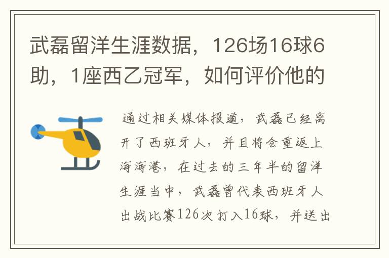 武磊留洋生涯数据,126场16球6助,1座西乙冠军,如何评价他的表现?