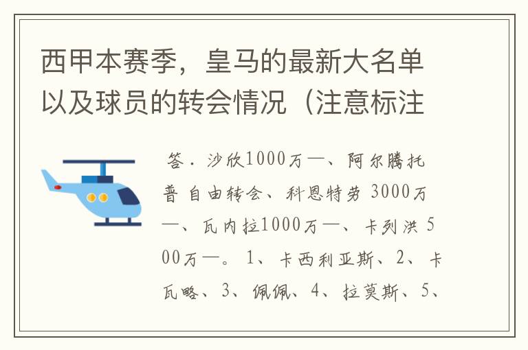 西甲本赛季,皇马的最新大名单以及球员的转会情况(注意标注球员身价)