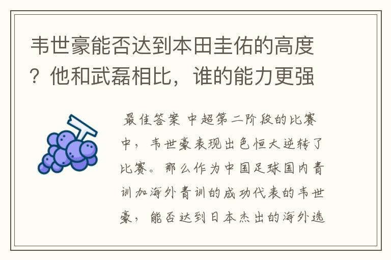 韦世豪能否达到本田圭佑的高度?他和武磊相比,谁的能力更强?
