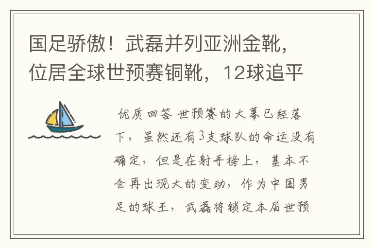 国足骄傲!武磊并列亚洲金靴,位居全球世预赛铜靴,12球追平凯恩