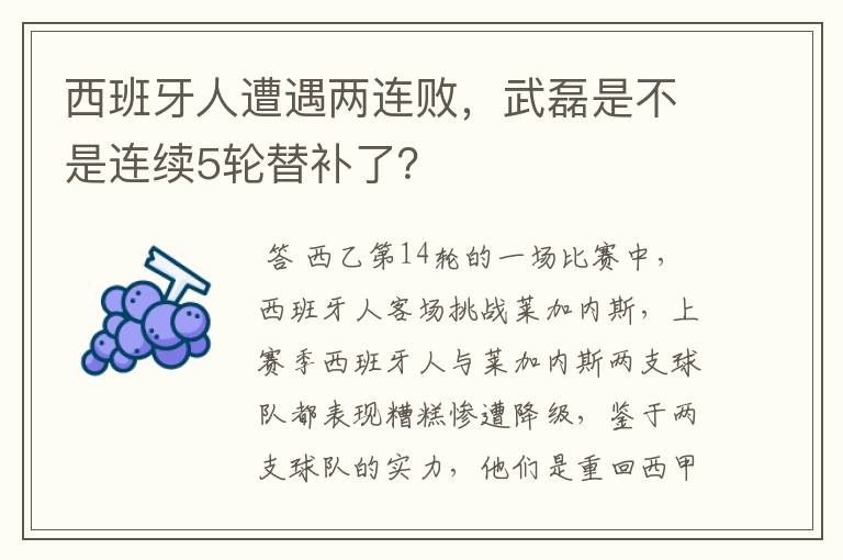 西班牙人遭遇两连败,武磊是不是连续5轮替补了?