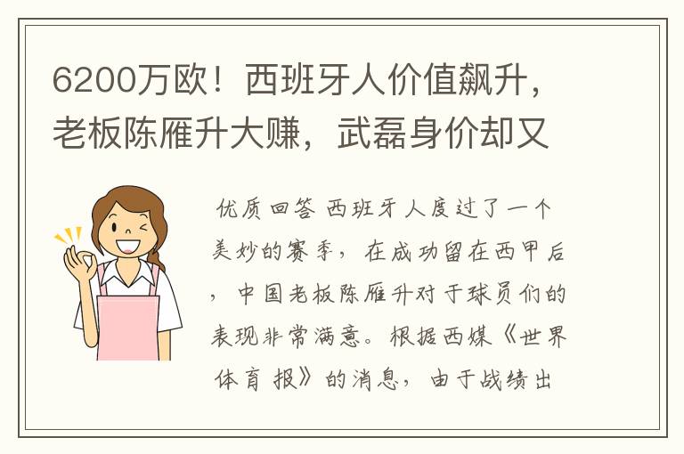 6200万欧!西班牙人价值飙升,老板陈雁升大赚,武磊身价却又缩水