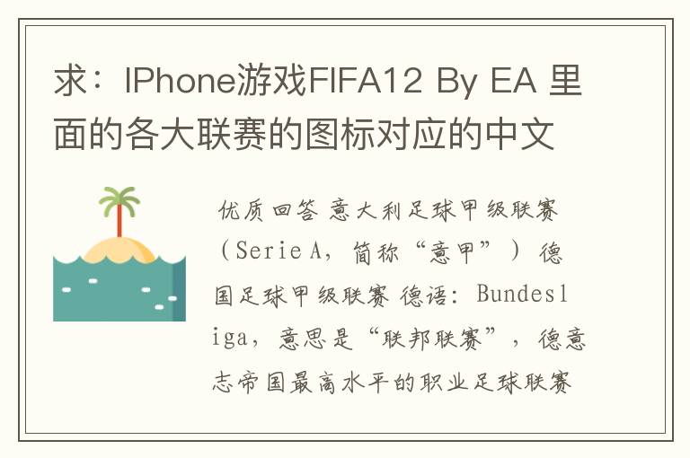 求:IPhone游戏FIFA12 By EA 里面的各大联赛的图标对应的中文名称 例如:Liga BBVA 西甲
