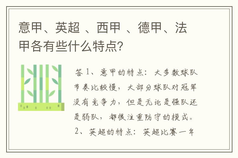 意甲、英超 、西甲 、德甲、法甲各有些什么特点?