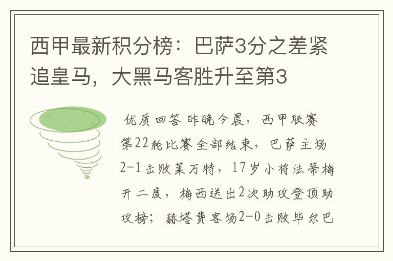 西甲最新积分榜:巴萨3分之差紧追皇马,大黑马客胜升至第3