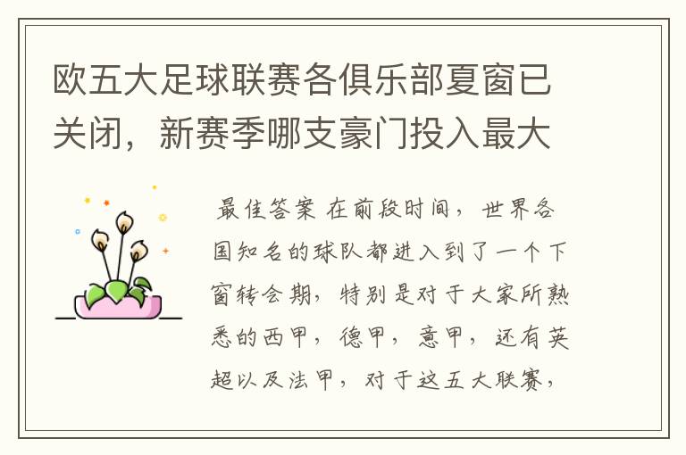 欧五大足球联赛各俱乐部夏窗已关闭,新赛季哪支豪门投入最大?