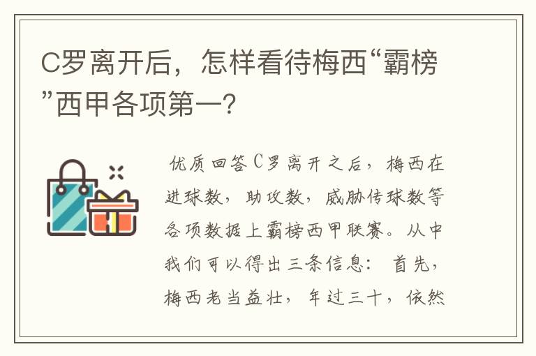 C罗离开后,怎样看待梅西“霸榜”西甲各项第一?
