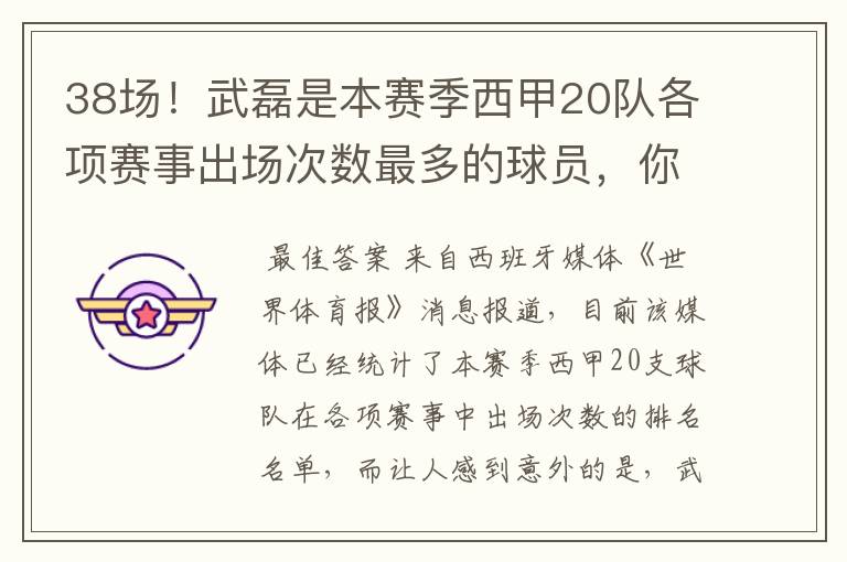 38场!武磊是本赛季西甲20队各项赛事出场次数最多的球员,你怎么看?