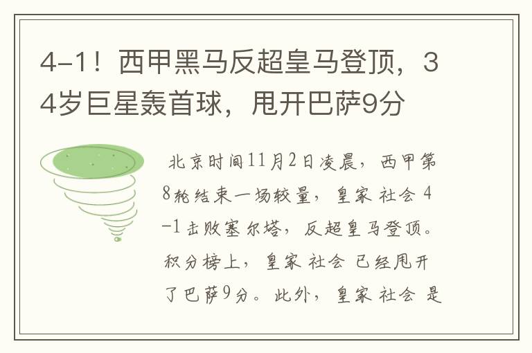 4-1!西甲黑马反超皇马登顶,34岁巨星轰首球,甩开巴萨9分
