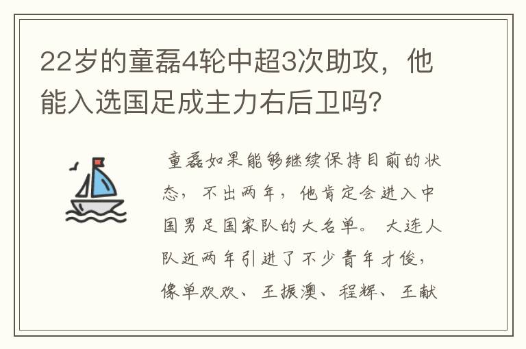 22岁的童磊4轮中超3次助攻,他能入选国足成主力右后卫吗?