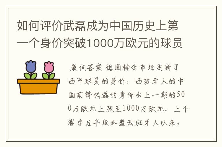 如何评价武磊成为中国历史上第一个身价突破1000万欧元的球员?