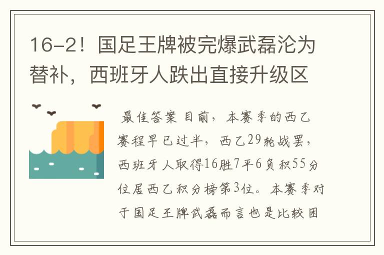 16-2!国足王牌被完爆武磊沦为替补,西班牙人跌出直接升级区