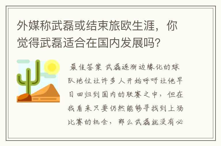 外媒称武磊或结束旅欧生涯,你觉得武磊适合在国内发展吗?
