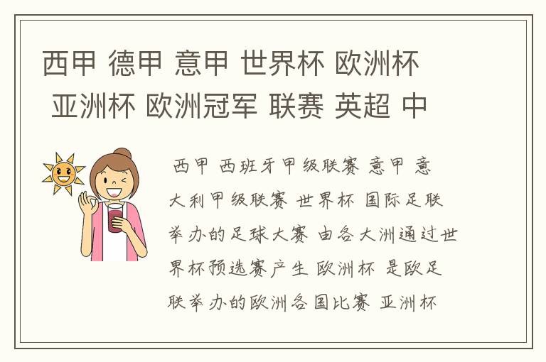 西甲 德甲 意甲 世界杯 欧洲杯 亚洲杯 欧洲冠军 联赛 英超 中超 分别是什么意思啊?