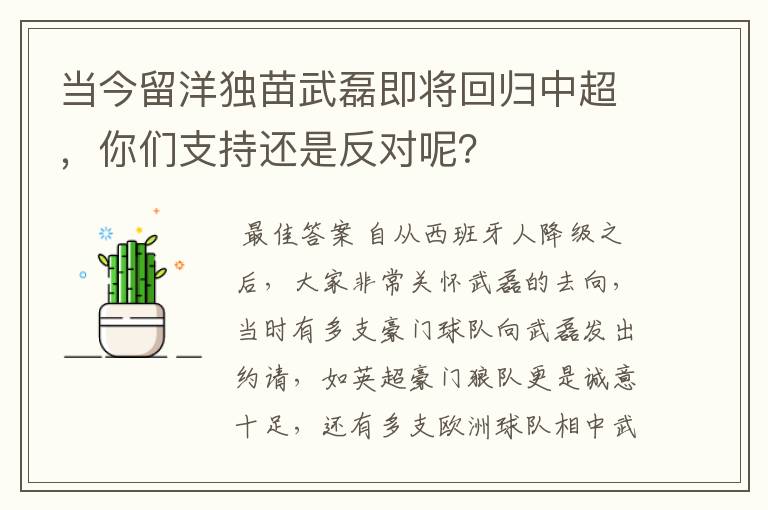 当今留洋独苗武磊即将回归中超,你们支持还是反对呢?