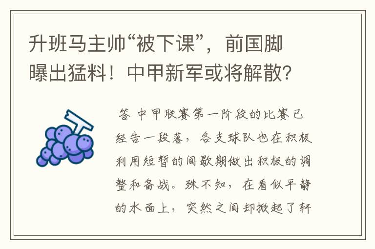 升班马主帅“被下课”,前国脚曝出猛料!中甲新军或将解散?