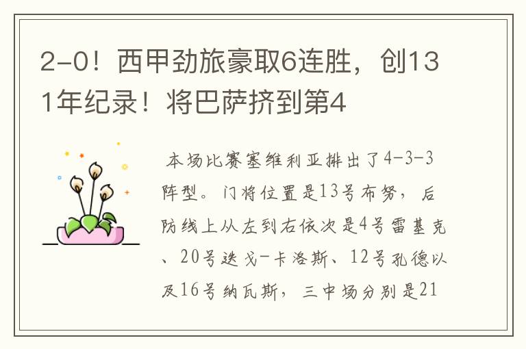 2-0!西甲劲旅豪取6连胜,创131年纪录!将巴萨挤到第4