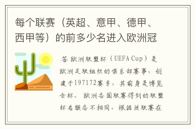 每个联赛(英超、意甲、德甲、西甲等)的前多少名进入欧洲冠军杯?多少名进入欧洲联盟杯?