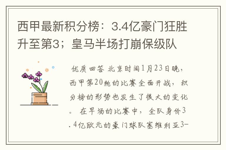 西甲最新积分榜:3.4亿豪门狂胜升至第3;皇马半场打崩保级队