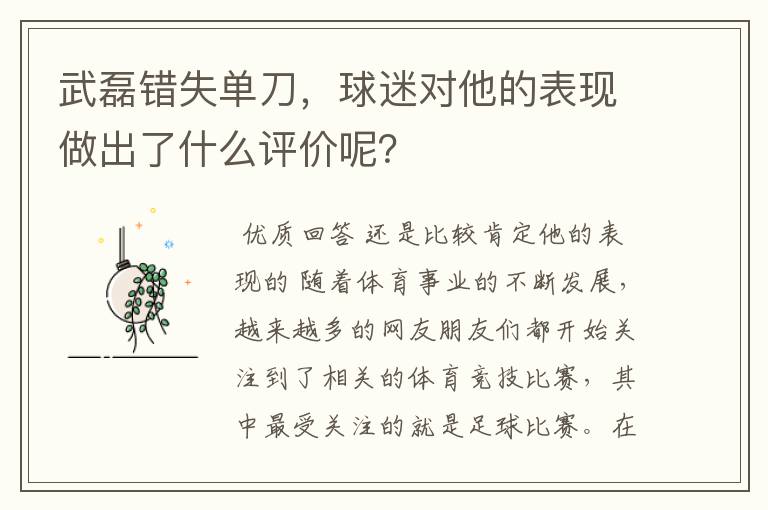 武磊错失单刀,球迷对他的表现做出了什么评价呢?