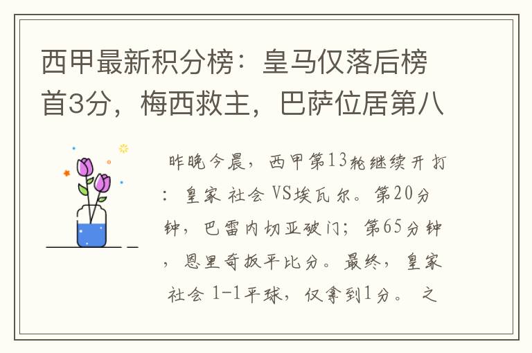 西甲最新积分榜:皇马仅落后榜首3分,梅西救主,巴萨位居第八