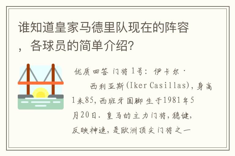 谁知道皇家马德里队现在的阵容,各球员的简单介绍?