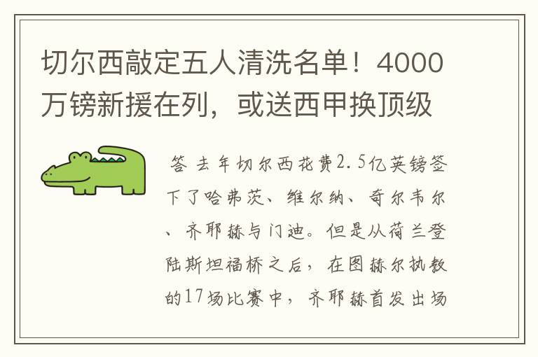 切尔西敲定五人清洗名单!4000万镑新援在列,或送西甲换顶级铁闸