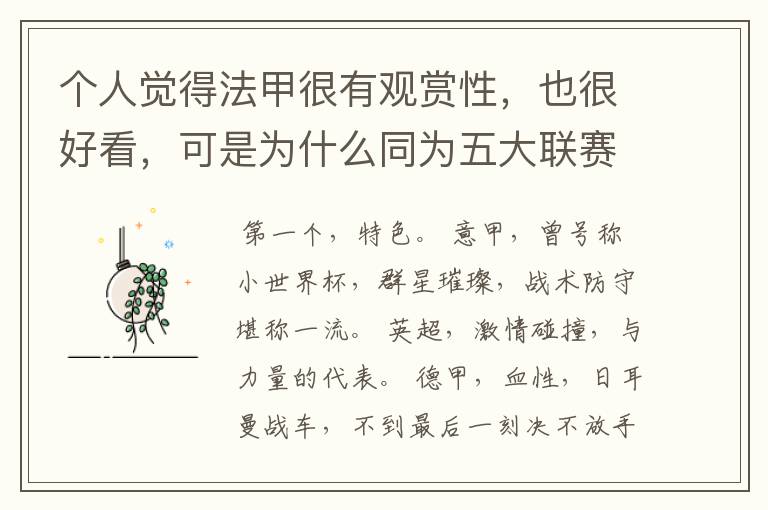 个人觉得法甲很有观赏性,也很好看,可是为什么同为五大联赛,法甲名气不大呢??