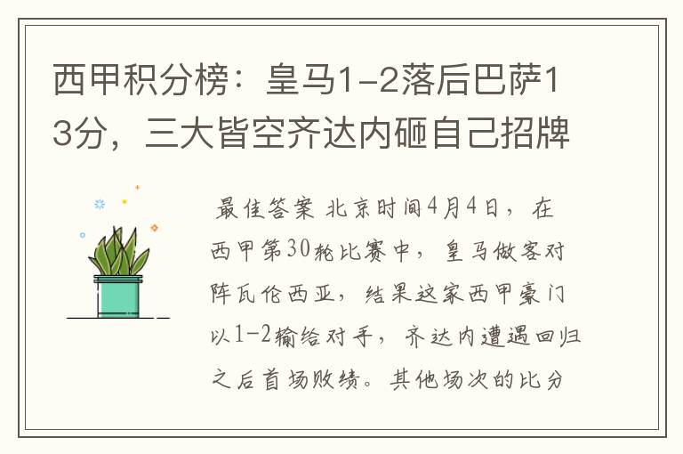 西甲积分榜:皇马1-2落后巴萨13分,三大皆空齐达内砸自己招牌?