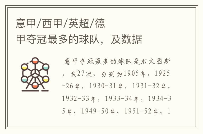 意甲/西甲/英超/德甲夺冠最多的球队,及数据