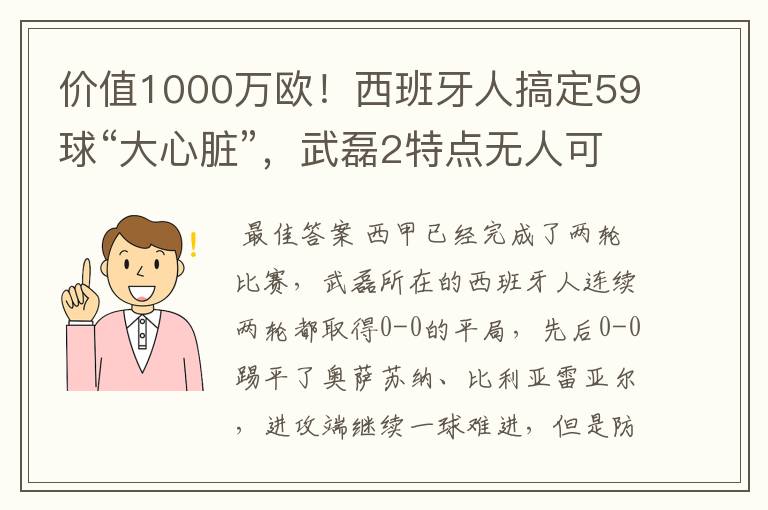 价值1000万欧!西班牙人搞定59球“大心脏”,武磊2特点无人可替