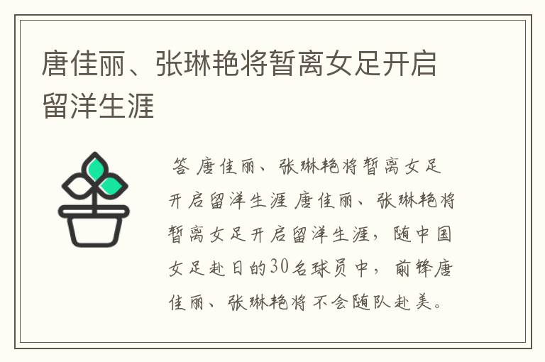 唐佳丽、张琳艳将暂离女足开启留洋生涯